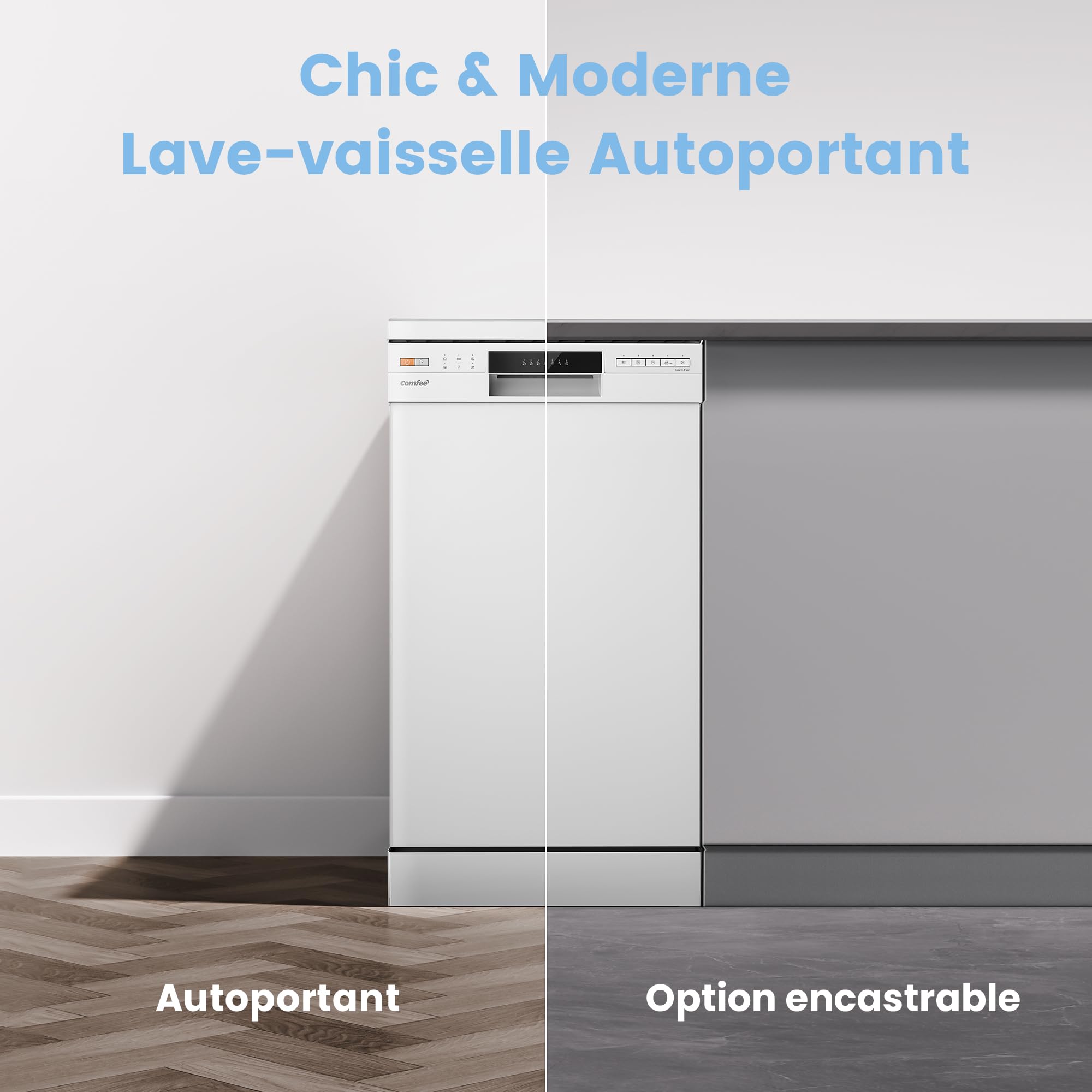 COMFEE' CDWEF1034BW Lave-vaisselle indépendant 10 couverts démarrage différé fonction demi-charge paniers flexibles Blanc