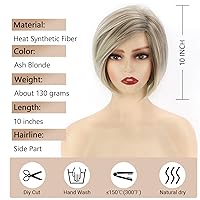 Vista 4 de TISHINING Pelucas rubias cortas en capas para mujeres blancas, longitud de la barbilla, color rubio ceniza, parte lateral, peluca Pixie Bob, cabello