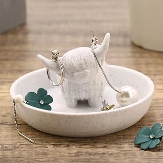 Awsaccy Highland Cow Ring Holder with Tray - 3D Printed Farmhouse Bohemian Jewelry Organizer, Cute Desk Bathroom Decor Gift for Women