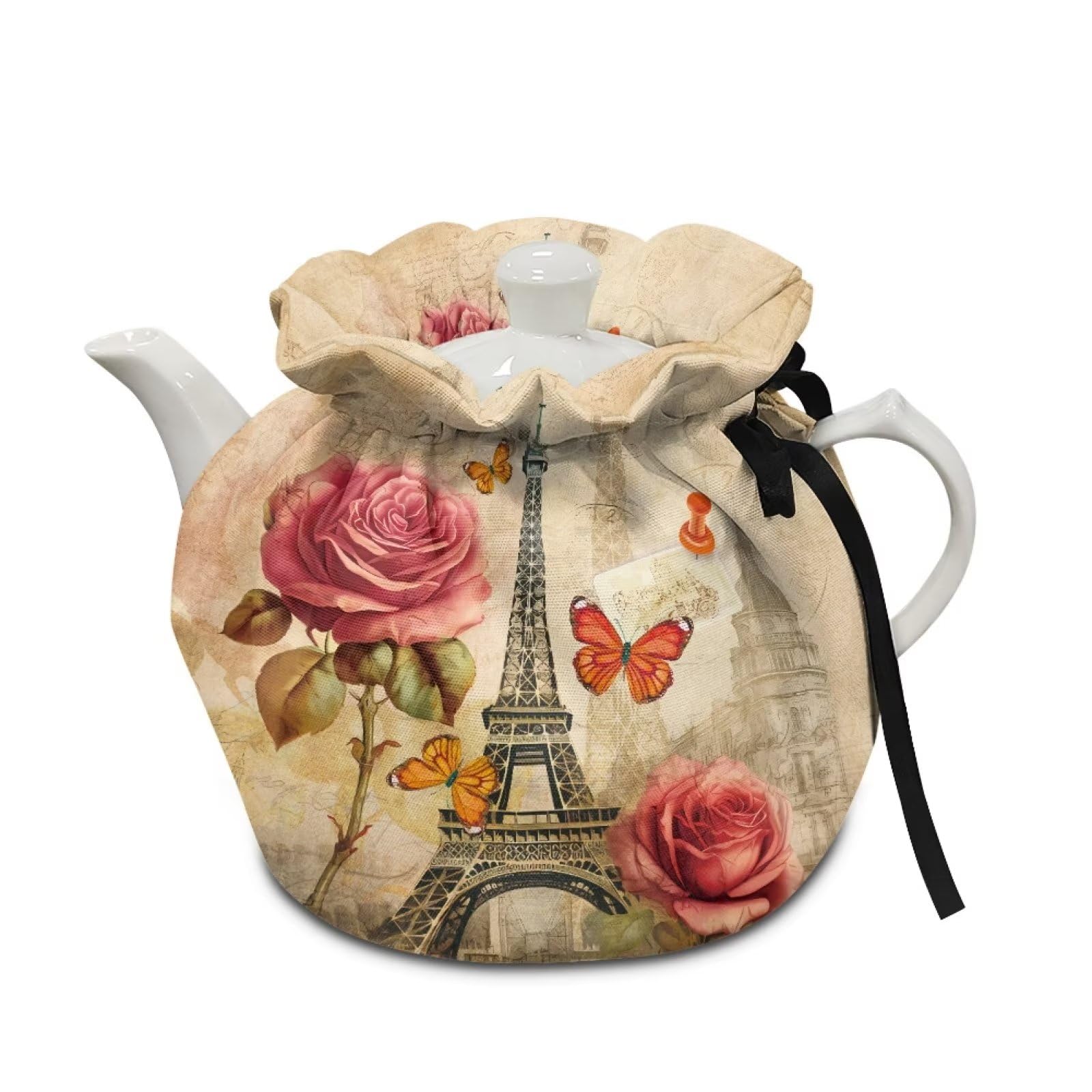 Freewander Tea Cozies Cover of Teapots Insulation Cotton Vintage Warm Kettle Cover Breakfast Tea Pots Cover Kitchen Tea Pot Dust Cover with Elastic Band,Roses and Paris Tower Print