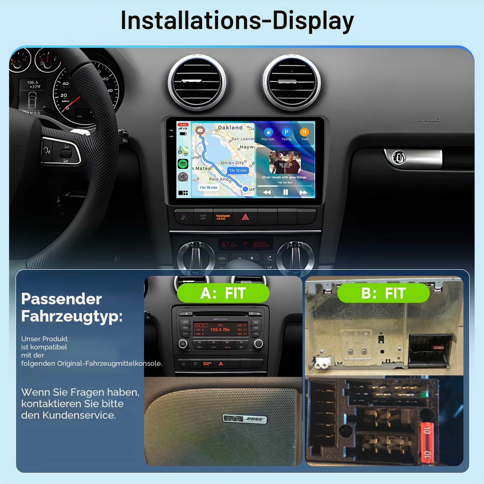 Hodozzy 4GB+128GB Android Autoradio für Audi A3 2003-2013/S3 8P 2006-2012/RS3 2011-2012 mit Carplay Wireless Android Auto, 9 Zoll InCell Touchscreen Radio mit GPS Navi Bluetooth DSP WiFi RDS, Kamera