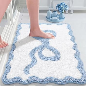 Tinideya Blue Bow Bathroom Rug 20" x 32" Scalloped Bow Bath Mat Non Slip Cute Coquette Aesthetic Carpet Preppy Room Decor Microfiber Absorbent Mat for Bathtub Shower Bedroom Gift