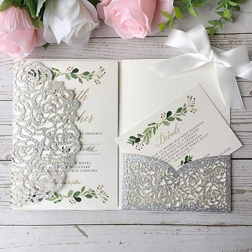 Miniatura 5 de 5.1 x 7.1 pulgadas, 50 invitaciones de boda personalizadas con purpurina plateada cortadas con láser con sobres y bolsillo hueco de rosa con cinta e