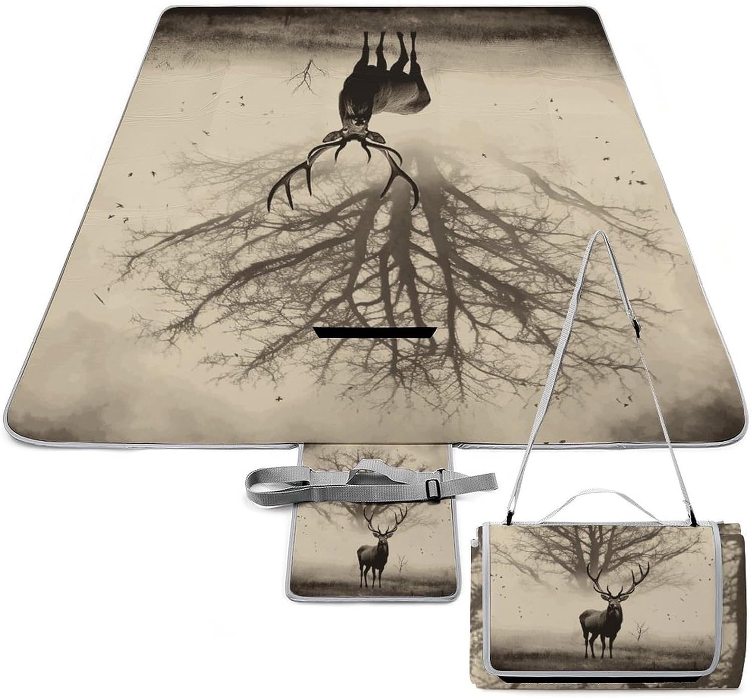 Abstract Tree Elk Picture Waterproof Picnic Blanket 58.3''x58.3'',Portable and Foldable Picnic Mat with Handle,Outdoor Blankets for Lawn Park Beach Travel