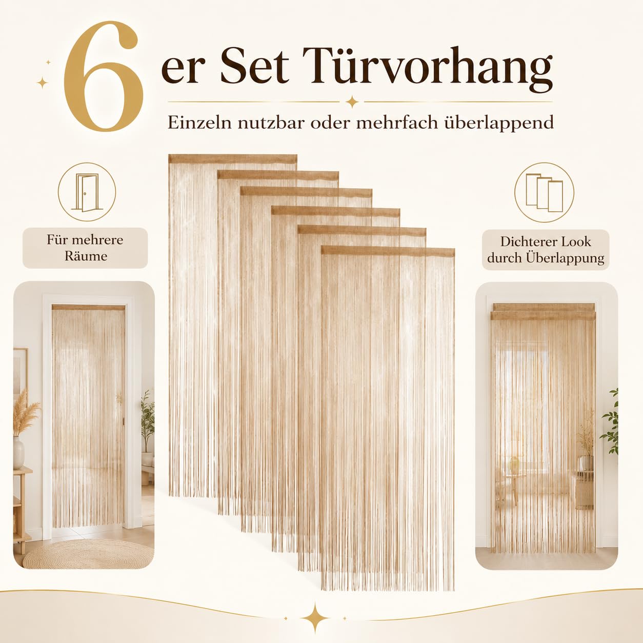 Lot de 6 rideaux à fils, 100 x 200 cm, champagne, décoration de perles pour mariage, salon, décoration de fête