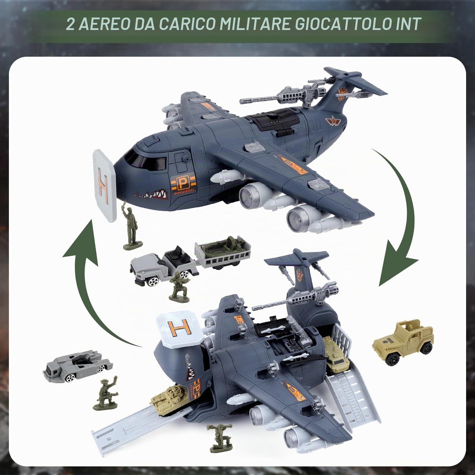 deAO Kit Giocattolo per Veicoli Militari, Set Giocattolo Aereo da Trasporto Cargo Militare con 10 Soldati, 10 Veicoli, Mini Veicolo da Combattimento, Aereo Militare, Regalo per Bambini di 3 Anni