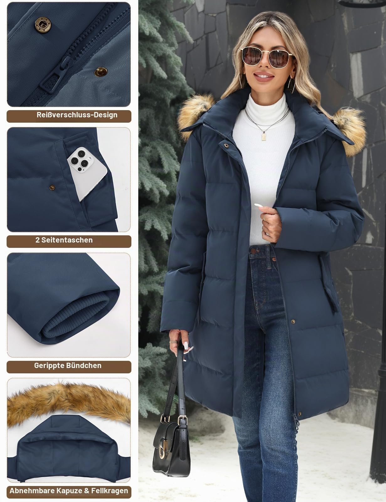 Yuson Girl Wintermantel Damen Lang Warme Winddichte Steppjacke Dicke Steppmantel Parka Winterjacke Herbst Gesteppt Elegant Skijacke Outdoor Jacke Mit Kunstpelz Kapuze