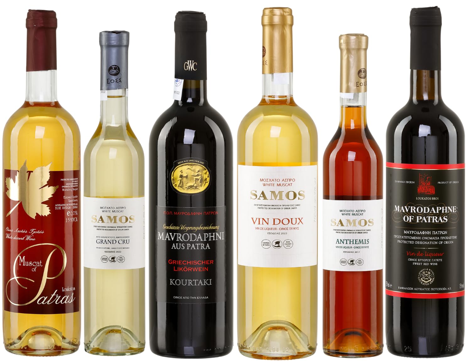 Griechischer Likörwein Probierset | 6 hochwertige Dessertweine aus Griechenland | Mavrodaphne, Samos & Muskat | + 20ml Jassas Olivenöl