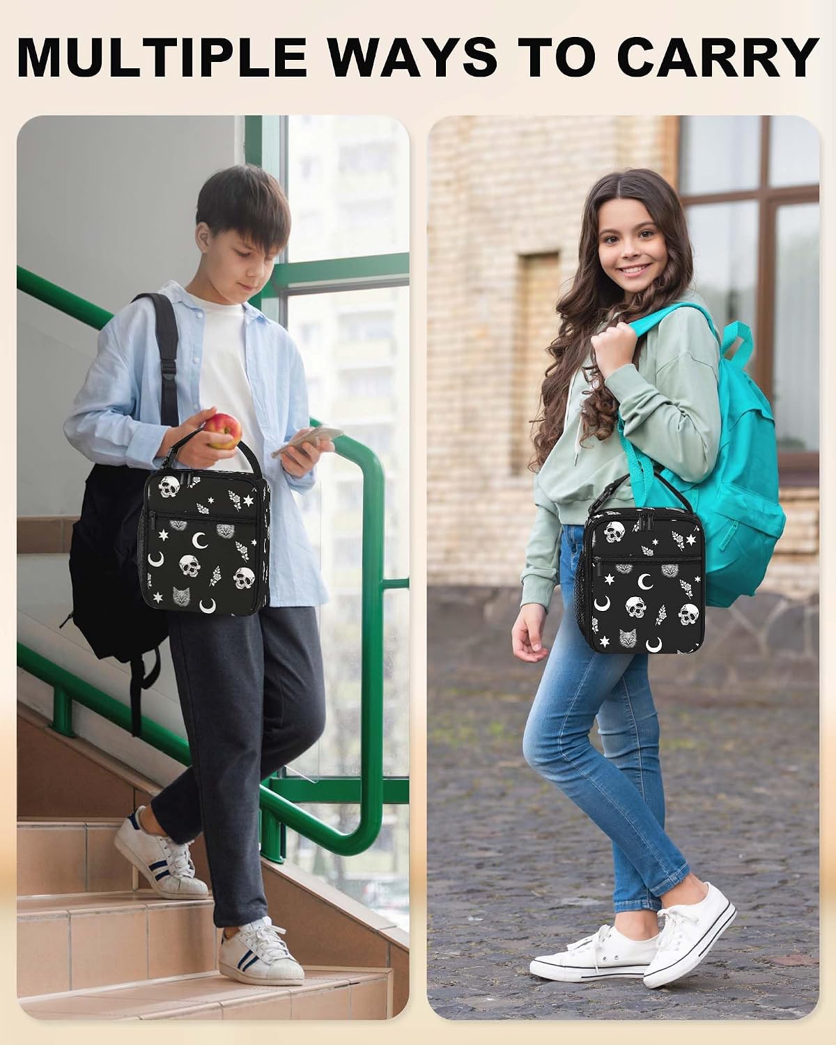 Lunch Box Girls Boys Women Insulated Lunch Bag, Gothic Skull Cat Moon