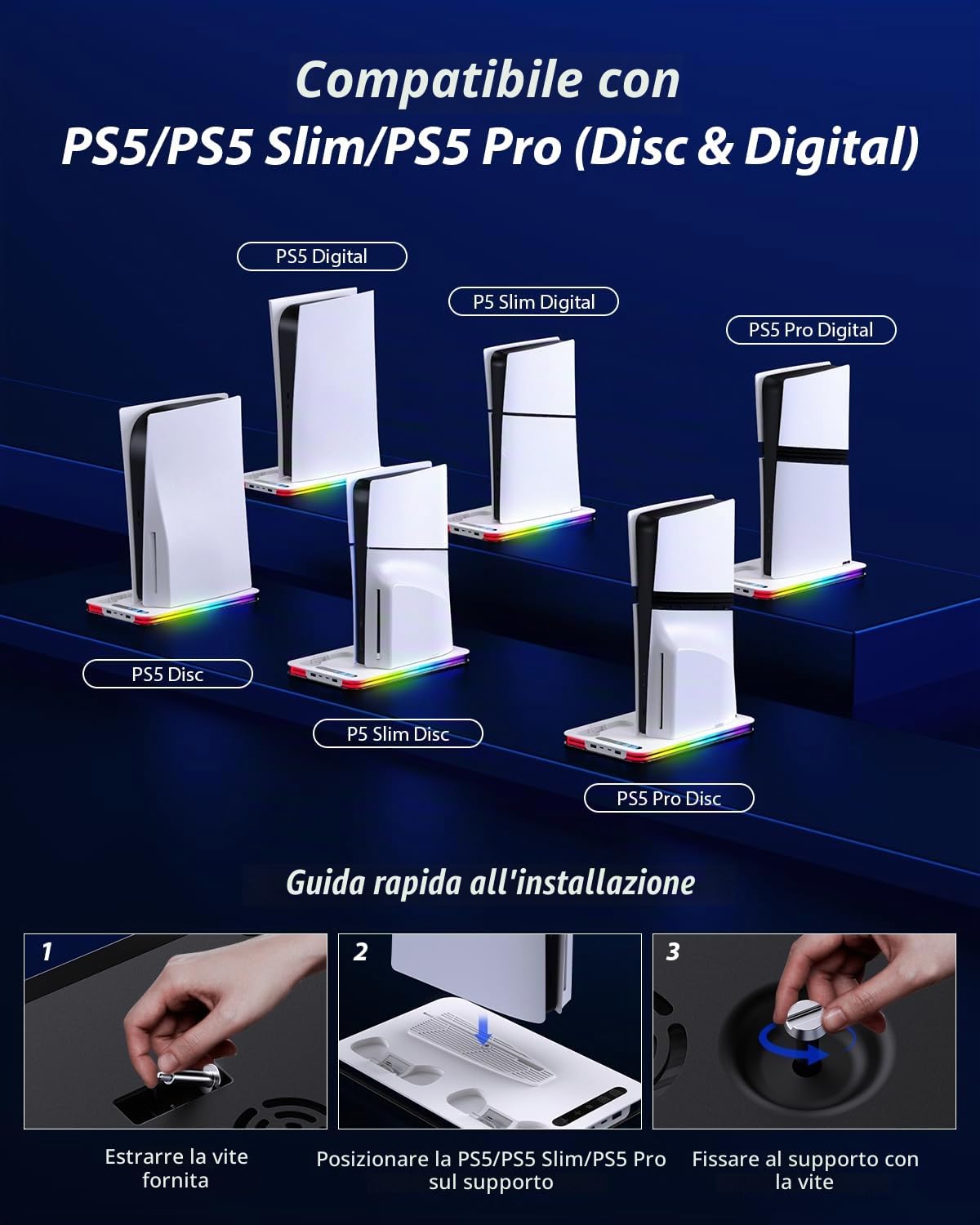 Supporto per PS5/PS5 Slim/PS5 Pro, P5 Verticale Supporto di Raffreddamento con 3 Livelli di Velocità e 8 Luci RGB P5 supporto Verticale con Caricatore Controller PS5, 6 Slot per Giochi