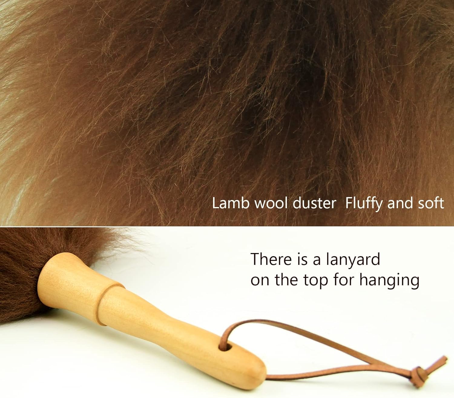 Lbswool Duster 14'' Length Solid Wooden Handle Leather Hang Strap for