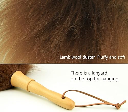 Miniatura 10 de Plumero de lana de cordero para limpieza de ventanas, muebles de computadora, TV, pantallas de computadora, estanterías, mango de madera maciza,