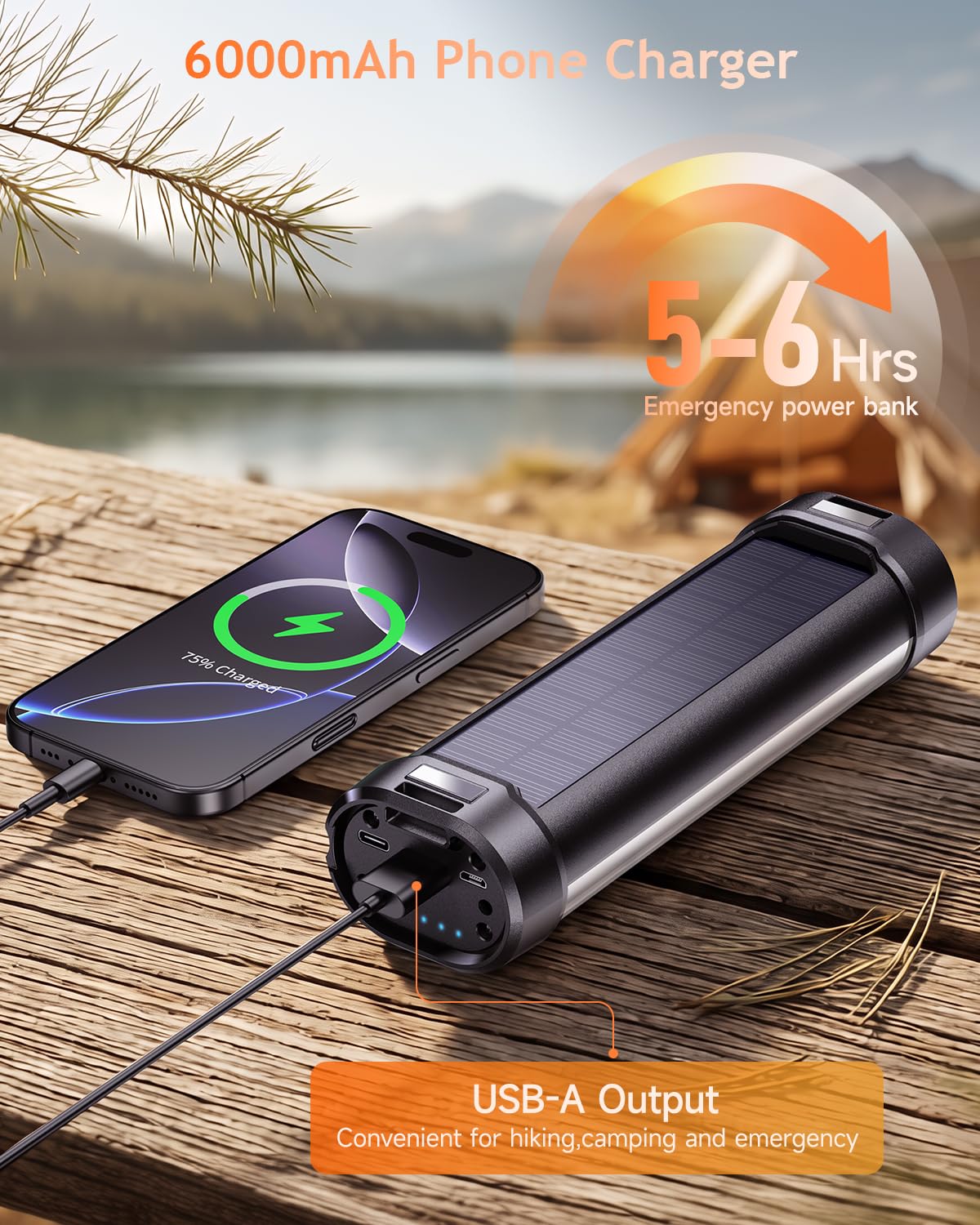 Linterna solar de camping de 1800 lm y luz magnética para tienda de campaña con 6000 mAh, tiempo de funcionamiento de 60 horas, linterna de 13 modos, equipo de supervivencia de emergencia impermeable