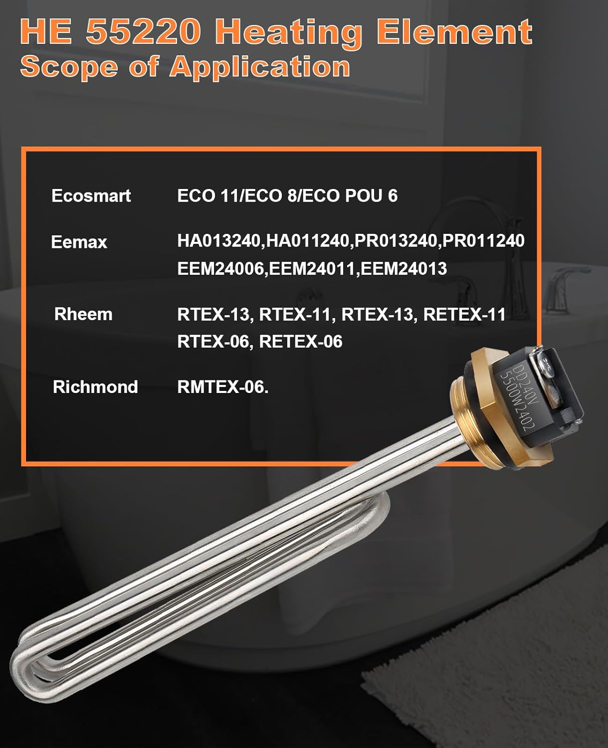 2pcs Stainless Steel HE 55220 Water Heating Element, 5.5 kW 220 V or 6 kW 240 V for ECO 8, ECO 11, ECO POU 6 Tankless Electric Water Heaters