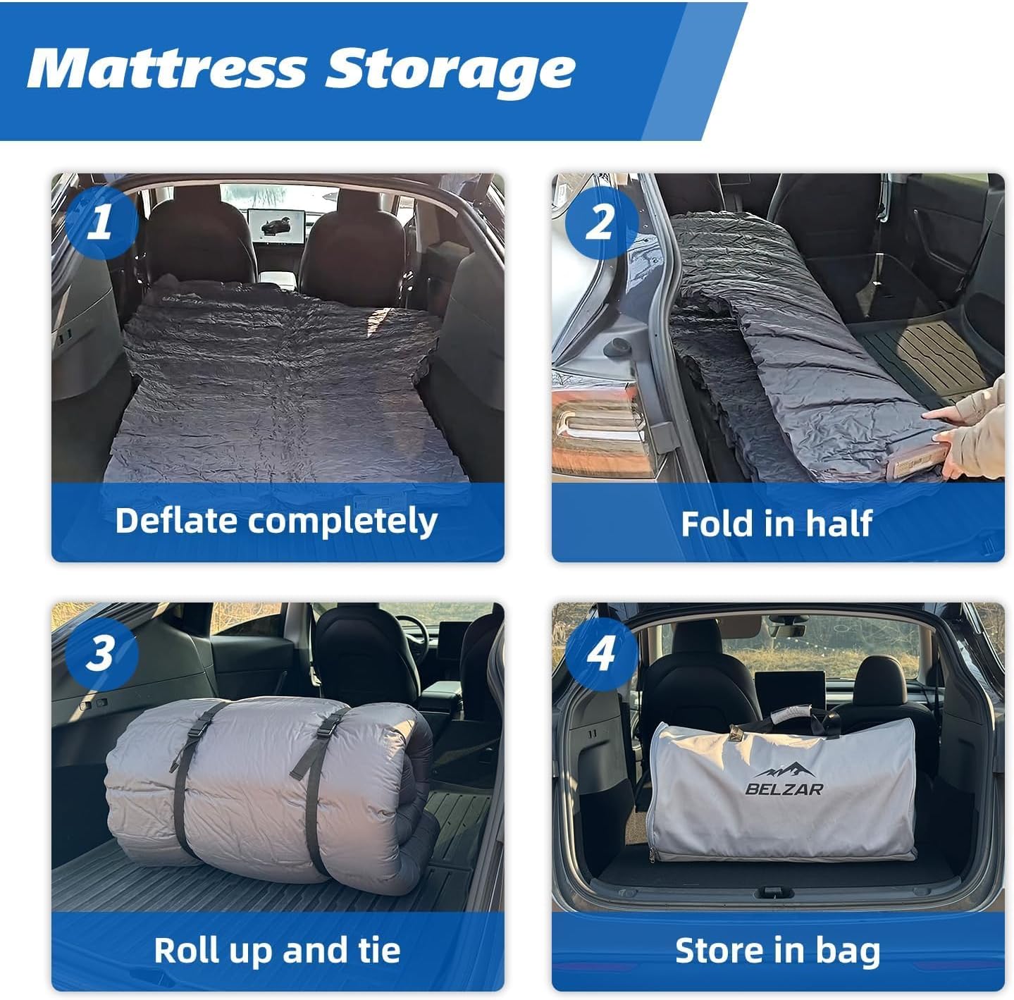 BELZAR Tesla Model Y Mattress with Built-in Cordless Pump, 4" Thick Full Size Memory Foam, Self Inflating Sleeping Pad for Camping, SUV Air Mattress and Road Trips