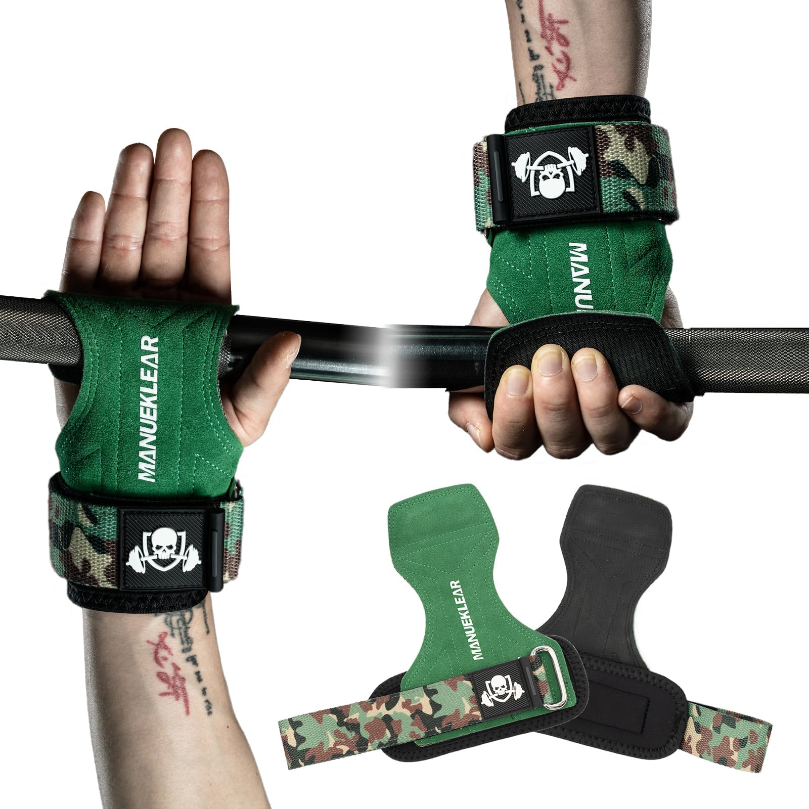 MANUEKLEAR Gym Straps Weight Lifting, Double Leather Lifting Straps for Men Deadlift with Cushion Wrist Loop, Gym Lifting Wrist Wraps for Weightlifting