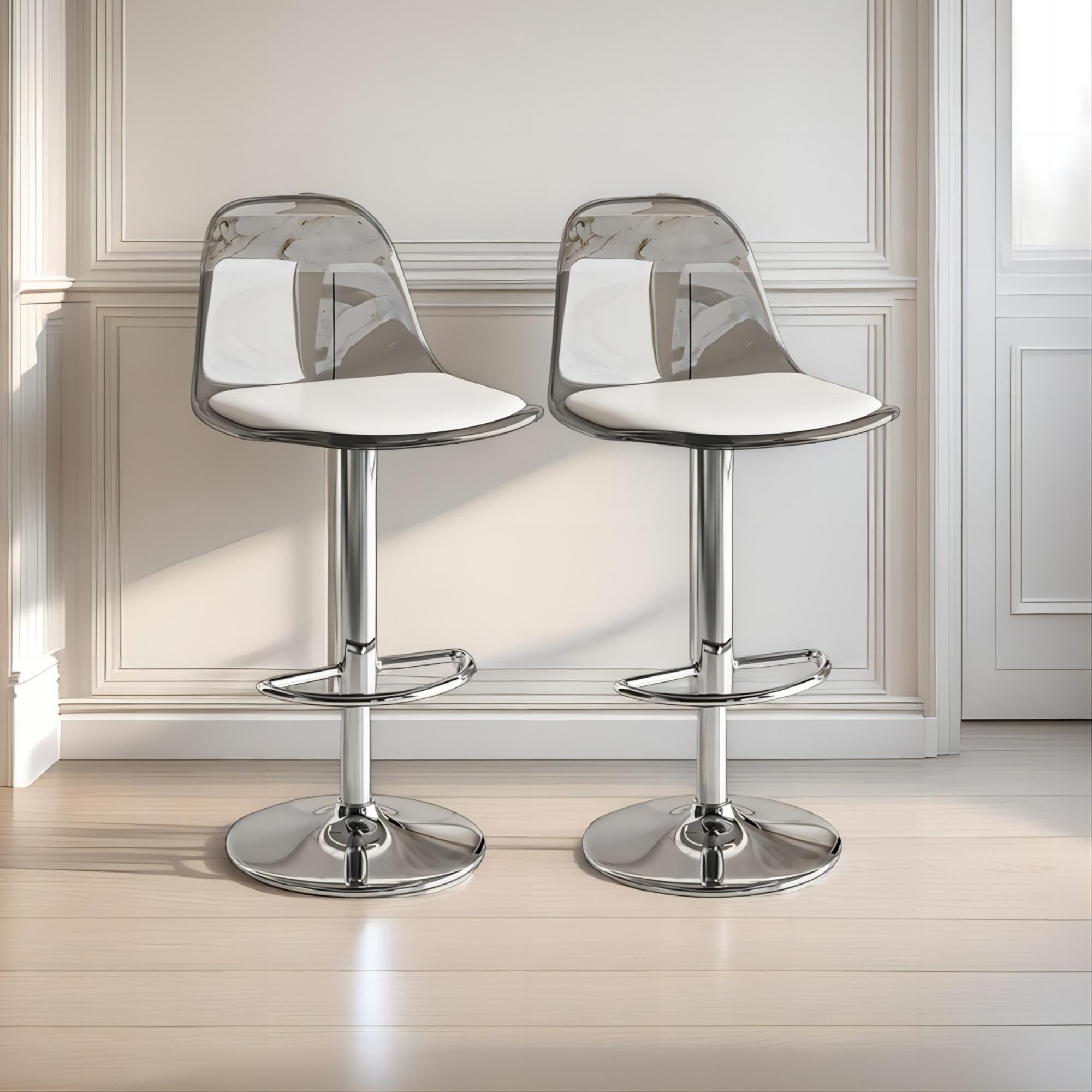 Bar Stools Set of 2, Adjustable Swivel Barstools, 13" D x 15" W x 41" H, Counter-Height Kitchen Island Barstool, Modern Clear Acrylic Bar Chairs for Dining Room Home (Grey)