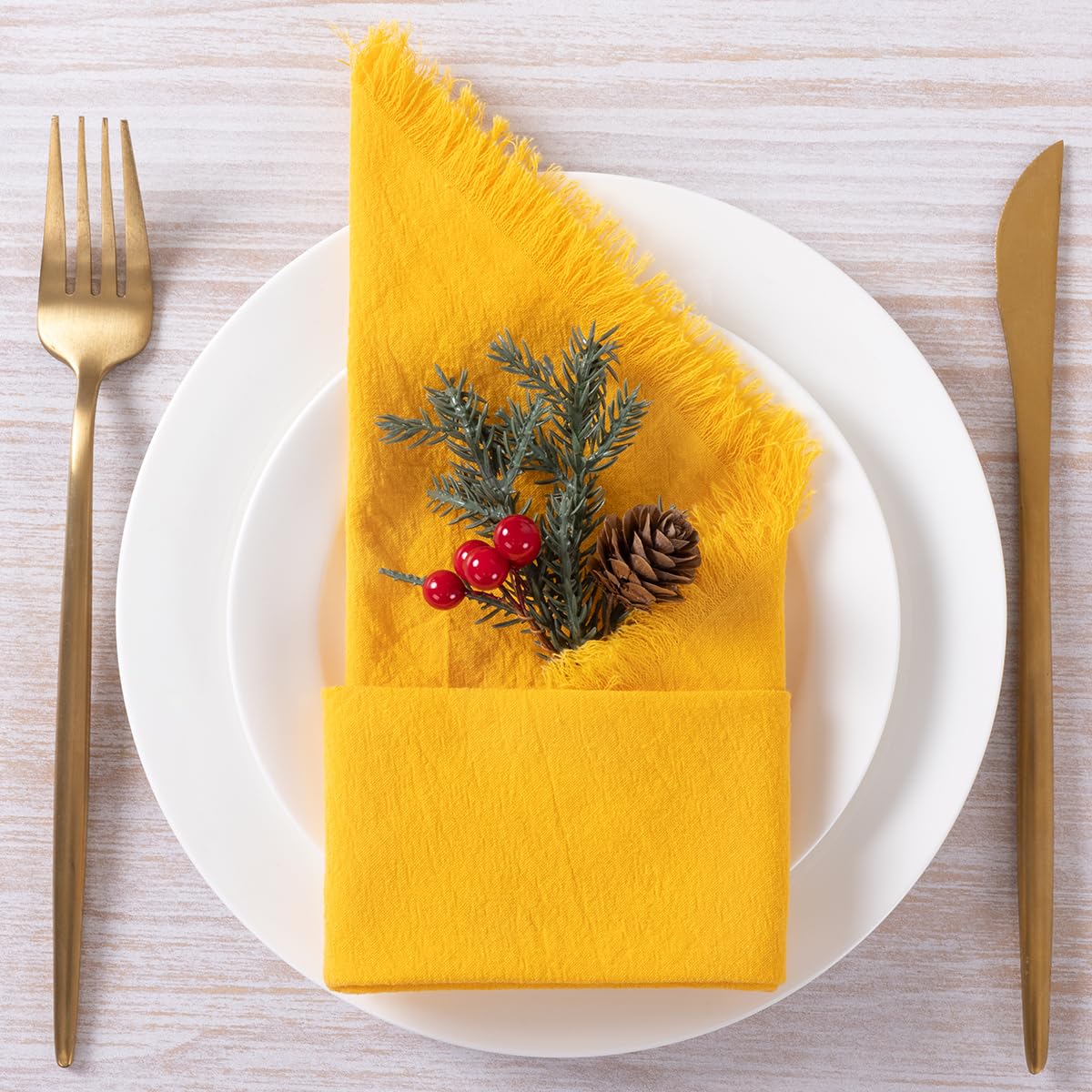 Lot de 12 Serviettes en Tissu Jaunes en Coton et Lin avec Franges Faites à la Main en Vrac pour Mariage, Thanksgiving, fête prénuptiale, Noël, Utilisation Quotidienne 45,7 x 45,7 c