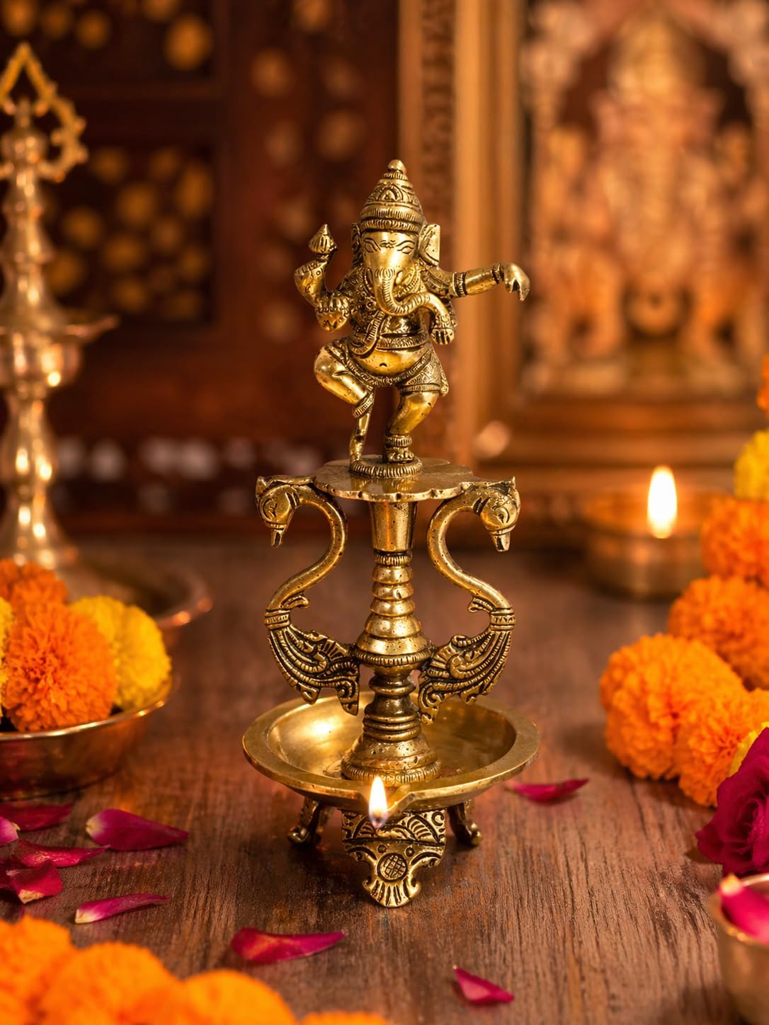 Two Moustaches Dancing Ganesha Brass Oil Diya with Base