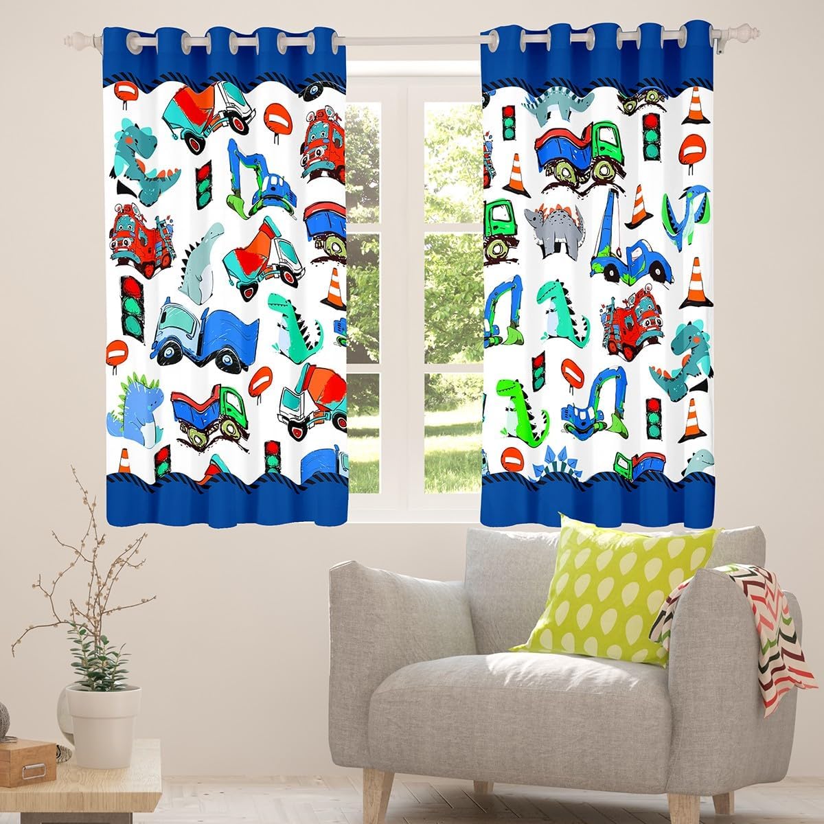 Boys Construction Curtain (2 Panels， 42 x 63 Inch) for Bedroom Dinosaur Darkening Curtain Cartoon Equipment Trucks Dino Blackout Curtain(30%-50%) Cute Machinery Car Dinosaurs Window Drapes Blue