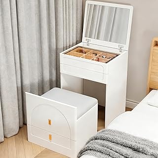 ドレッサーコンパクト 照明付き 鏡台 幅50cm LEDライト付き スツール付き 化粧台 女優ミラー 大容量収納力 おしゃれ 可愛い 寝室用 収納沢山 日本語説明書付き ホワイト