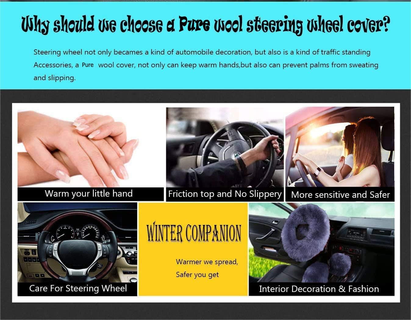 Car Steering Wheel Cover Gear Shift Handbrake Fuzzy Cover 1 Set 3 Pcs Multi-Colored with Winter Warm Pure Wool Fashion for Girl Women Ladies Universal Fit Most Car (Gray Blue)