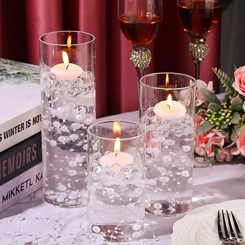 Miniatura 5 de Shihanee Juego de 18 jarrones cilíndricos de vidrio transparente de varios tamaños para centro de mesa, velas blancas con perlas sintéticas, cuentas