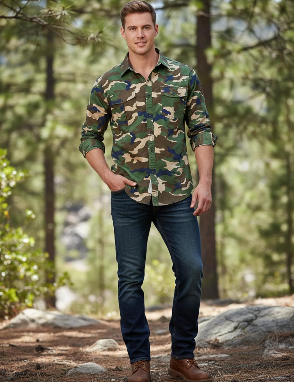 PAODIKUAI Men Camouflage Denim Shirt Camo Washed Military Long Sleeve Shirts Casual Button Down Shirts - Image 3