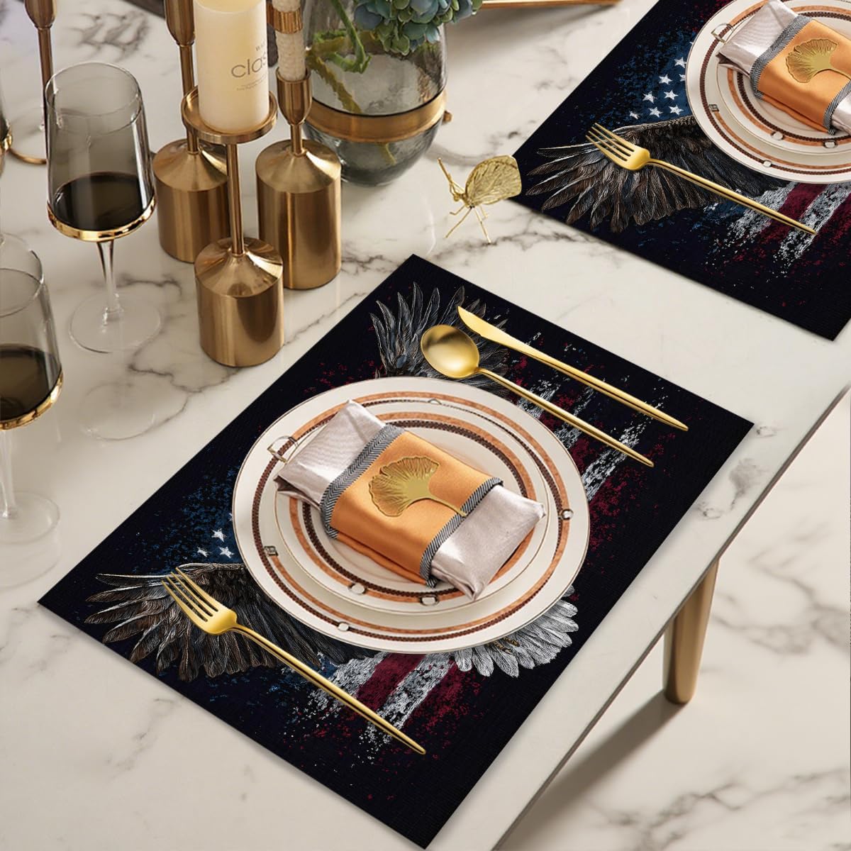 American Flag Black Eagles Placemats Set of 4 PVC Vinyl Non Slip Table Mats Heat Resistant Place Mats Washable Wipeable Dining Table Mat for Kitchen Decor Party Indoor Outdoor Decorative Gift