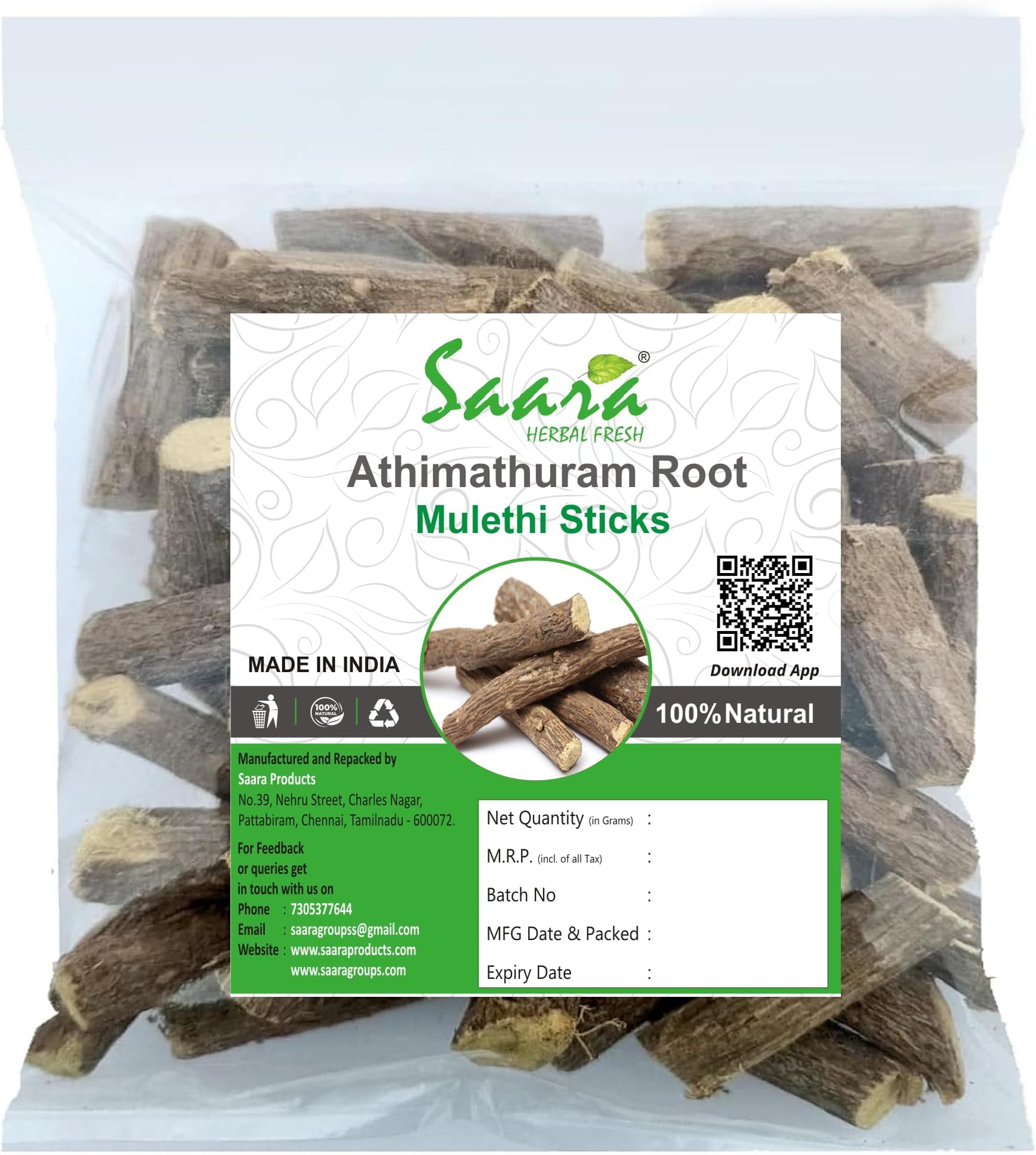 Saara HERBAL FRESH Athimathuram Root,100g, Mulethi Sticks, Licorice Root, Glycyrrhiza Glabra, Yashtimadhu Root,(pack of 1 x 100g)
