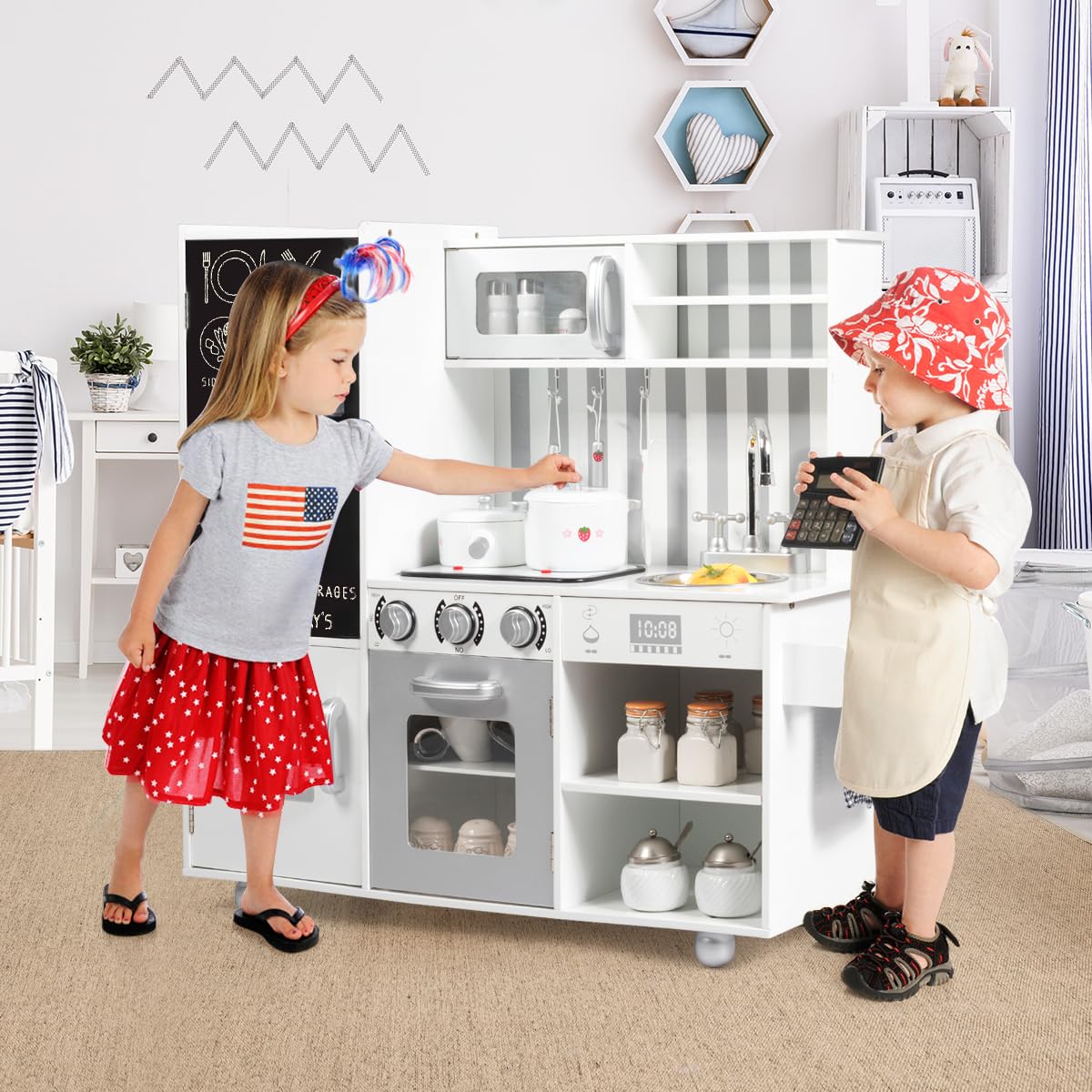 HOMASIS Spielküche mit Licht & Sound, Kinderküche Holz, Spielzeugküche mit Tafel Spüle Herd Ofen Mikrowelle Eismaschine, Holzküche mit 7 Spielzubehör, Kinderspielküche für Kinder ab 3 Jahre, Weiß