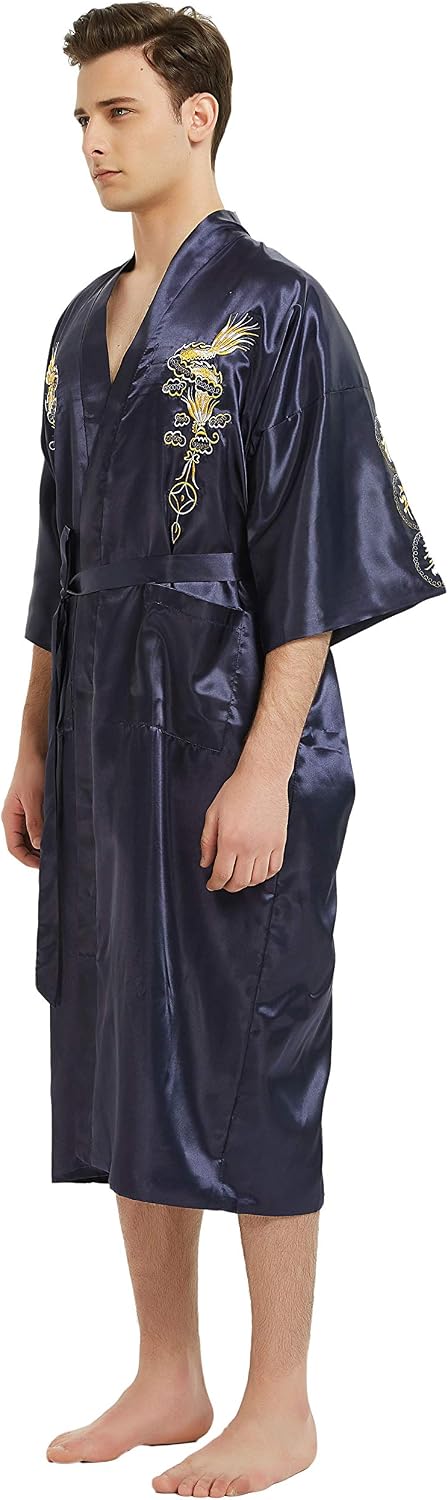Mens Robe Chinese Silk Embroidered Dragon Pattern Kimono Bathrobe Yukata Pajamas with Waistband and Pockets