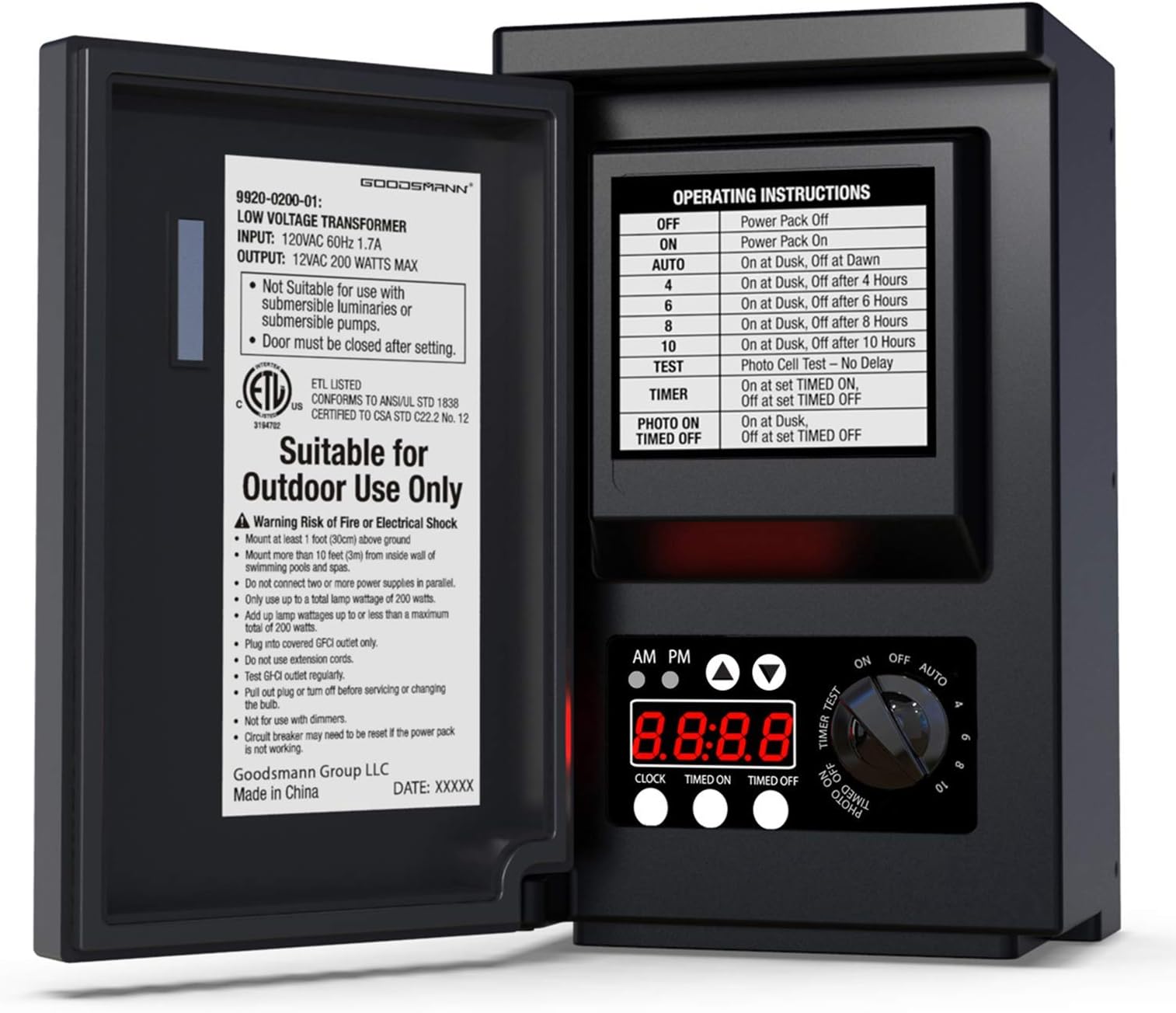 GOODSMANN Low Voltage Transformer 200 Watt with Timer, Photo Eye Sensor and Weather Shield for Outdoor Lighting 120V AC to 12V AC 9920-0200-01