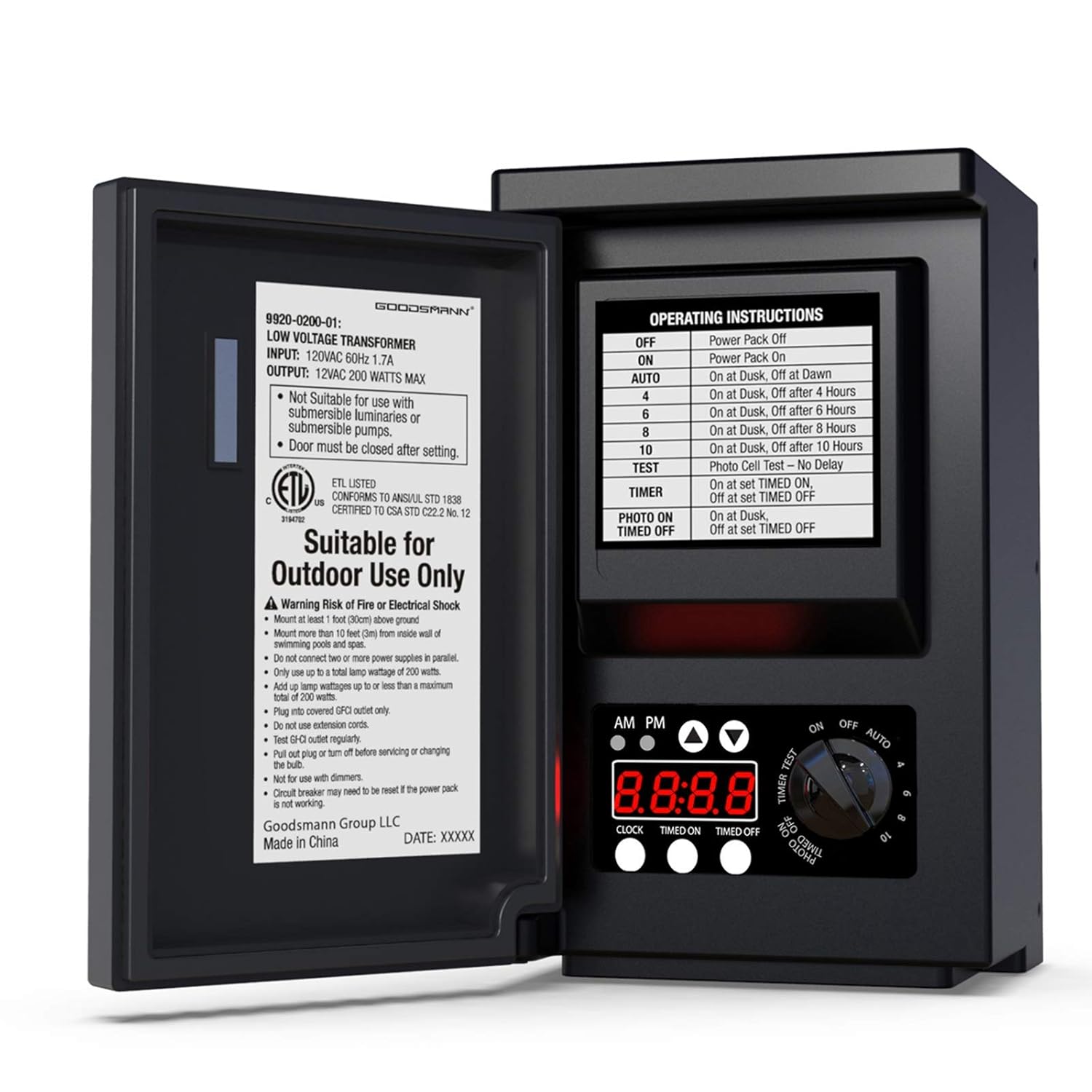 GOODSMANN Low Voltage Transformer 200 Watt with Timer, Photo Eye Sensor and Weather Shield for Outdoor Lighting 120V AC to 12V AC 9920-0200-01