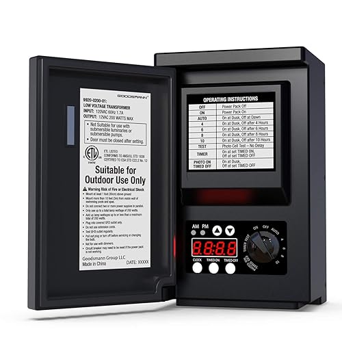 GOODSMANN Transformador de bajo voltaje de 200 vatios con temporizador, sensor de ojos fotográficos y protector contra el clima para iluminación