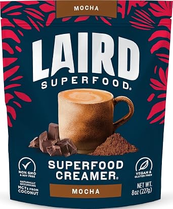 Laird Superfood Non-Dairy Coffee Creamer Mocha, Shelf-Stable Superfood Non-Dairy Powder Creamer, Gluten Free, Non-GMO, Vegan, 8 oz. Bag, Pack of 1