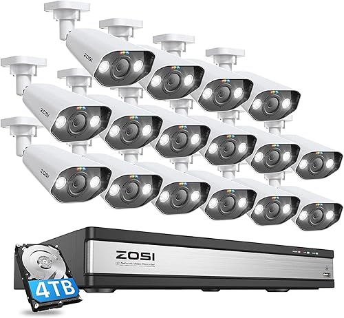 ZOSI Foco 4K de 16 canales 16 cámaras IP PoE, sistema de cámara de seguridad PoE para exteriores 4K con audio, H.265+ 16CH 8MP NVR con 4TB HDD,