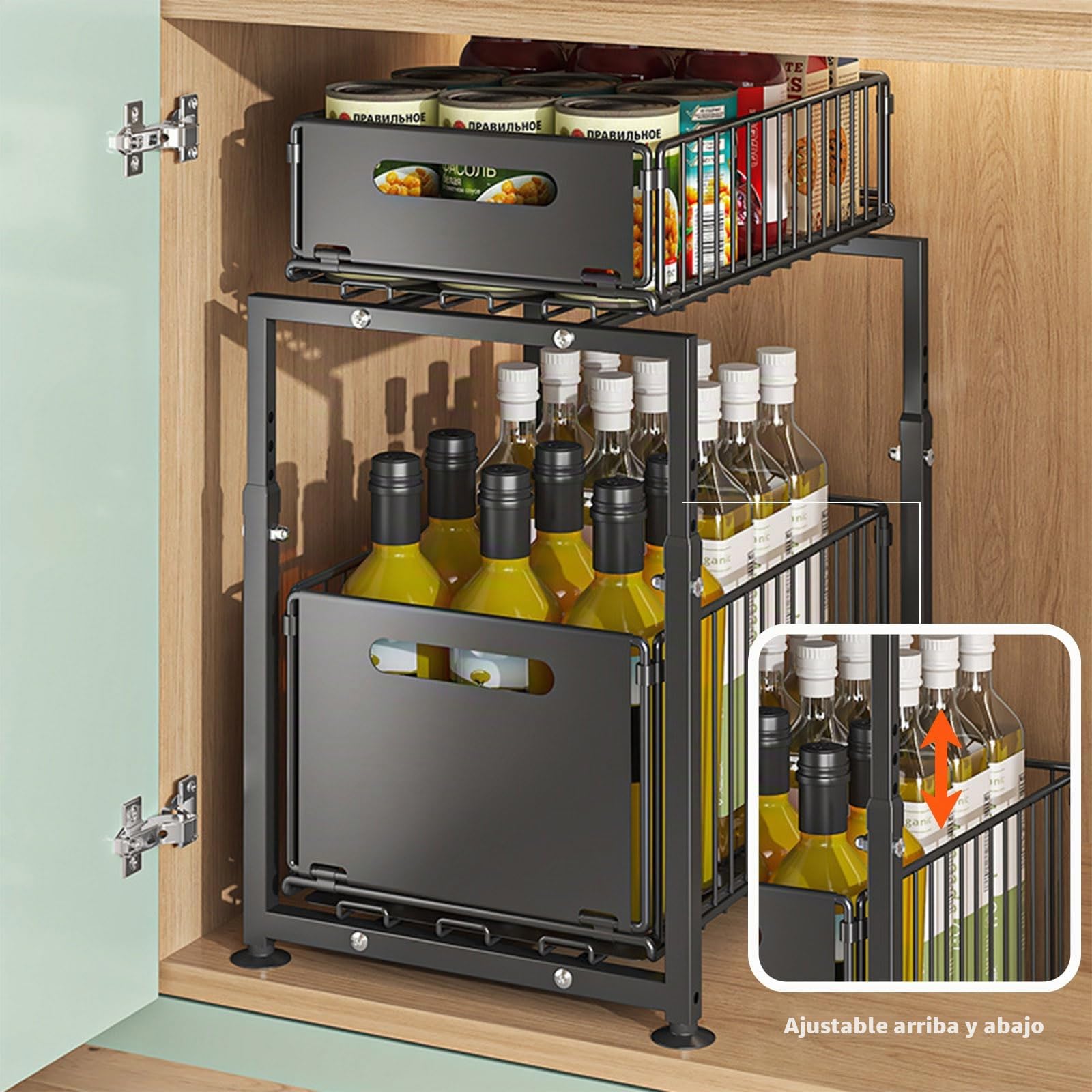 Juego de 2 Organizadores Bajo Fregadero con Cestas Extraíbles – Estante de Cocina Ajustable en Altura de Acero al Carbono, Estable y Antideslizante, Almacenamiento para Cocina, Baño y Despensa