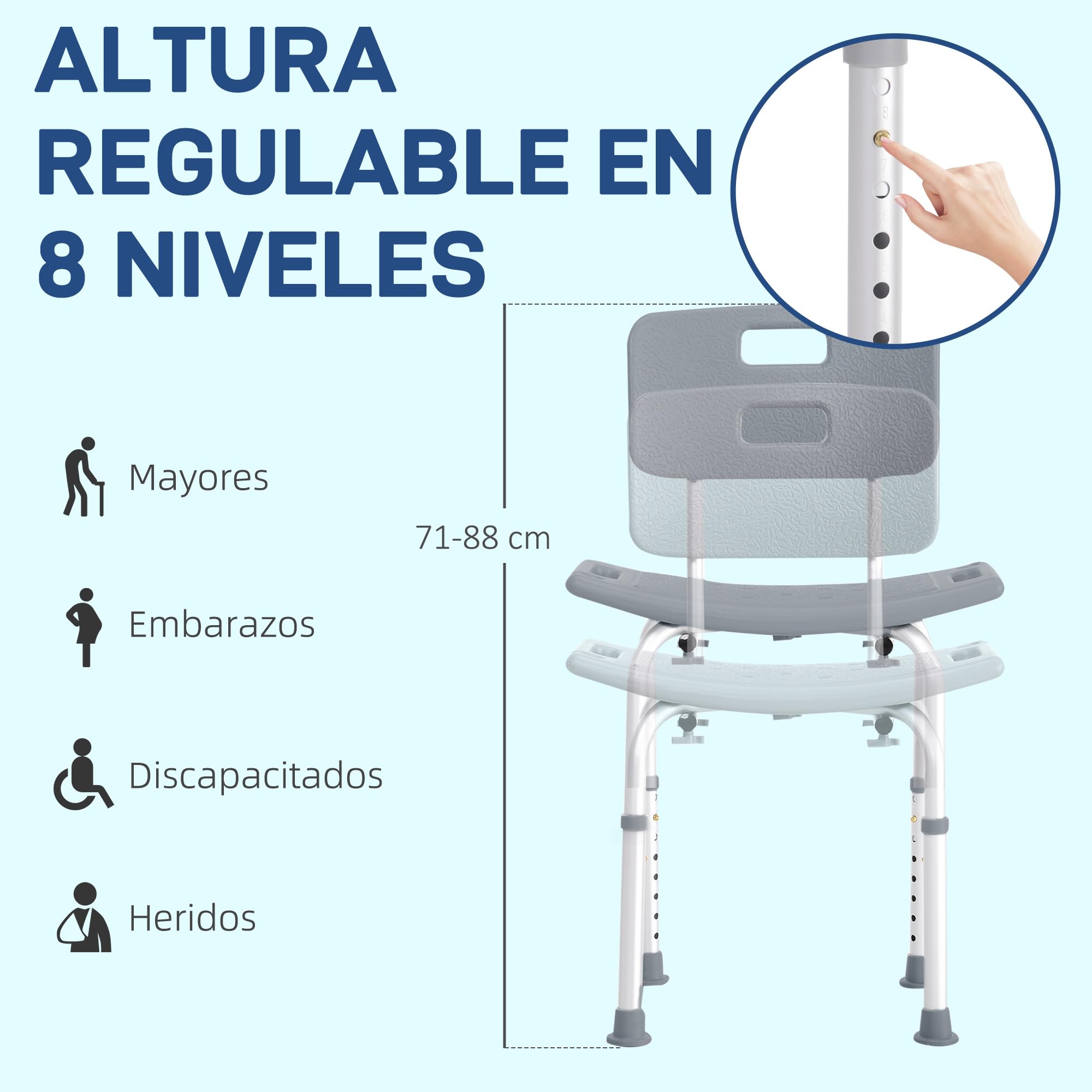 HOMCOM Silla Ducha Personas Mayores Taburete de Ducha Silla para Ducha con Respaldo Antideslizante Altura Regulable en 8 Niveles Carga 136 kg para Ancianos y Discapacitados