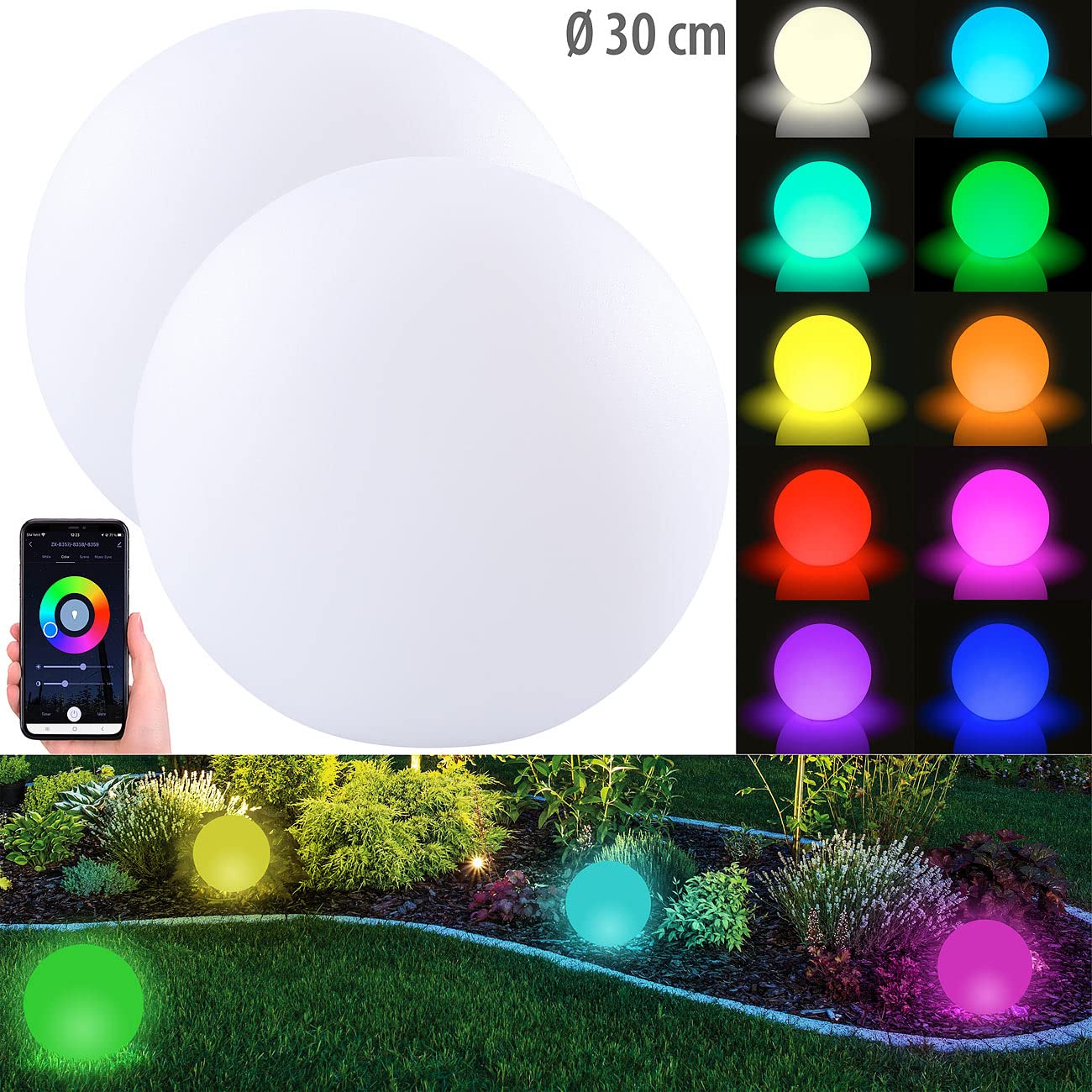 Luminea Home Control WLAN Akku Leuchtkugel: 2er-Set WLAN-Akku-Leuchtkugeln, RGBW-LEDs, App, 576 lm, IP54, Ø 30 cm (Leuchtkugel RGBW, Kugelleuchte außen LED, Ball)