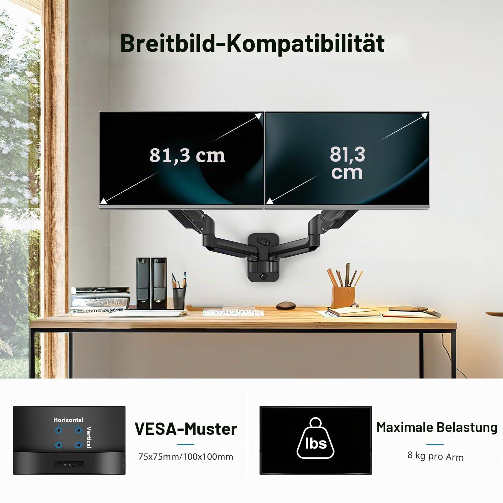 HUANUO Monitor Wandhalterung 2 Monitore, für 17-32 Zoll Bildschirme, mit Gasfederarm, Monitor Wandhalterung, unterstützt VESA 75/100 mm, 8 kg pro Arm Gaming
