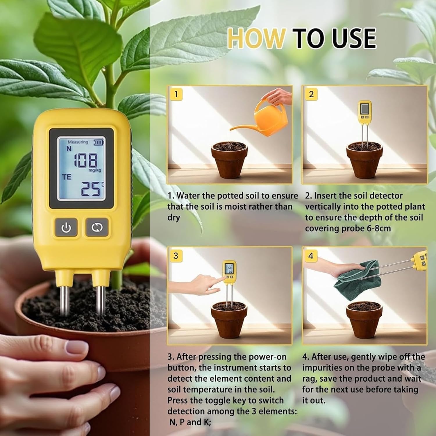 Analizador De Suelo 4 En 1, Analizador De Suelo De Doble Sonda, con Pantalla LCD, Medición De Nitrógeno, Fósforo, Potasio Y Temperatura, para Nutrientes De Jardín, Césped Y Cuidado De Plantas.
