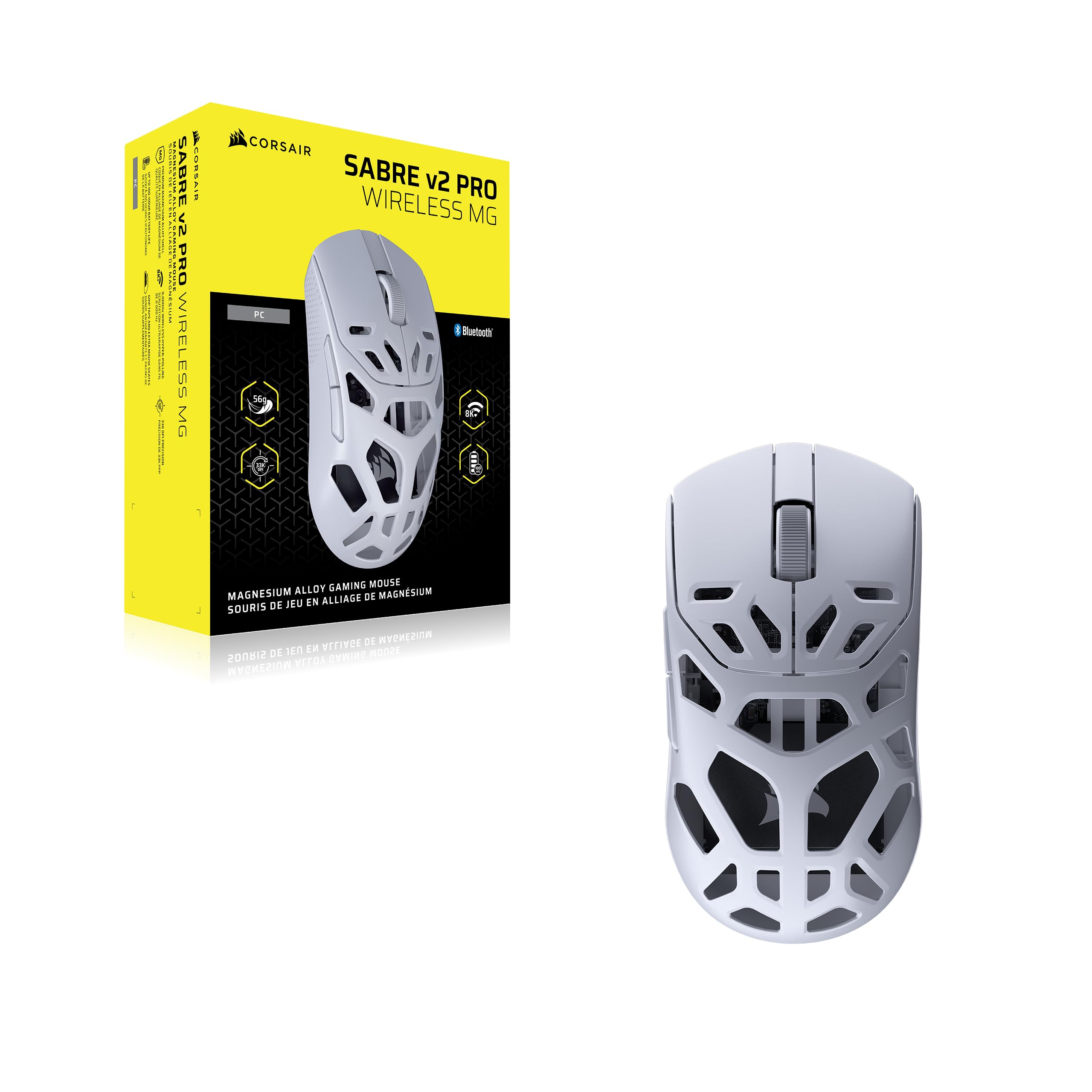 Corsair Sabre v2 PRO Bezprzewodowa mysz gamingowa MG FPS – 33 000 DPI Marksman S, 8000 Hz Hyper-Polling, trwały magnez, lekka, do 120 godzin pracy baterii – biała
