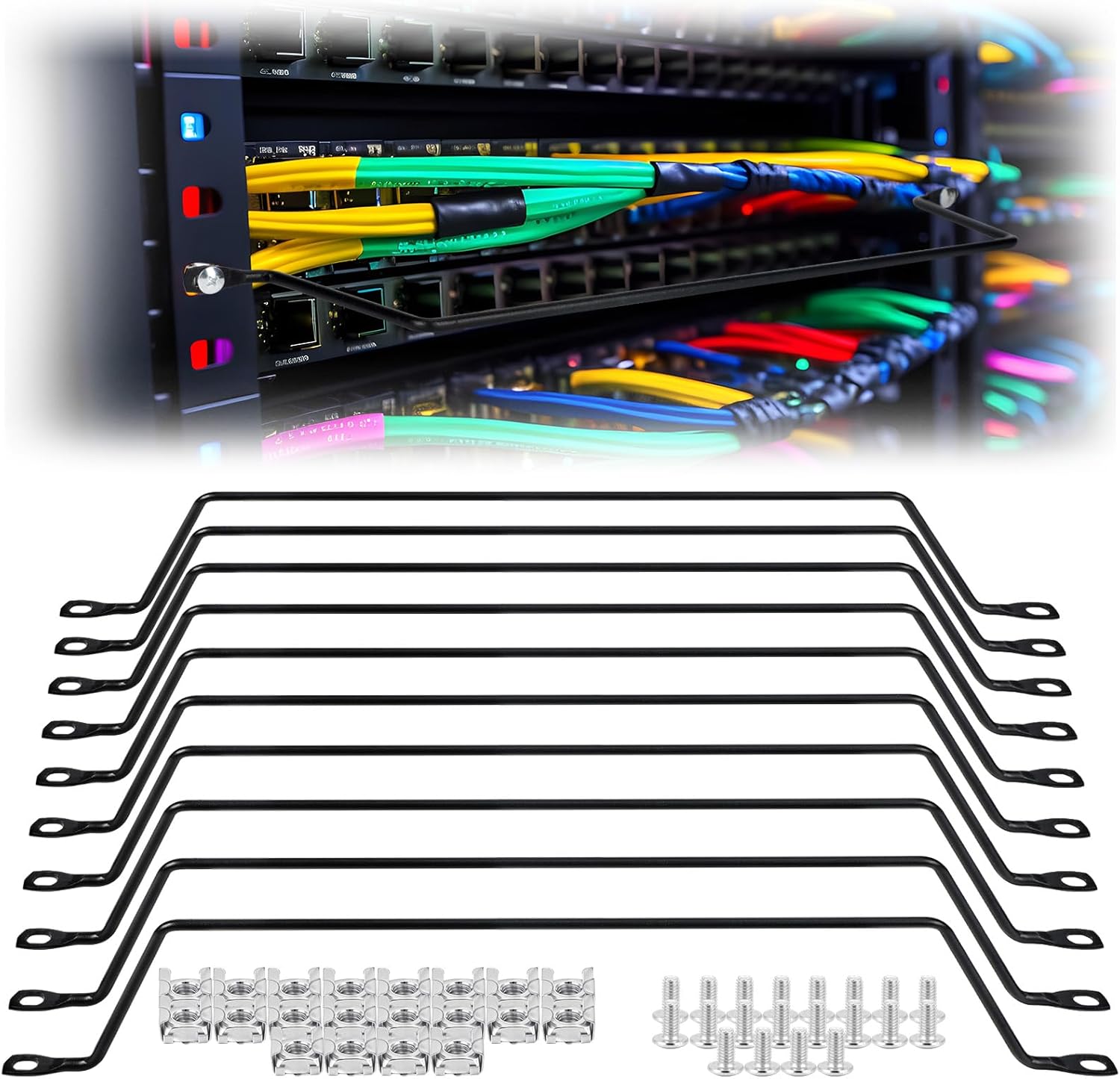 Zonon 10 Pack Cable Lacing Bars Horizontal Lacing Bar Organizer, 4 Inch Offset at 75 Degrees, 19" Network Rack Mount Cord Organizer, Server Rack Cable Management