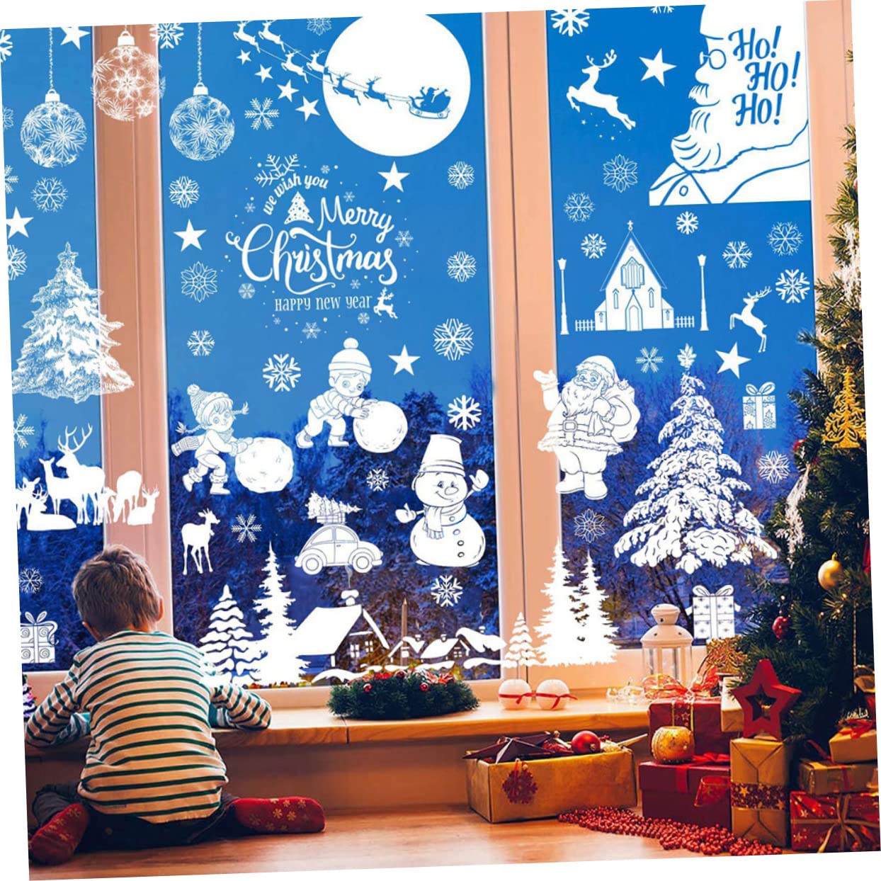5 Sätze Weihnachtsaufkleber Fenster Weihnachtsbeleuchtung Baum Urlaub Fenster Haften Weihnachtskugeln Dekorationen Weihnachtsfenster Haftet Abziehbilder Film Pvc Weiß 9 Blatt * 5 Cabilock
