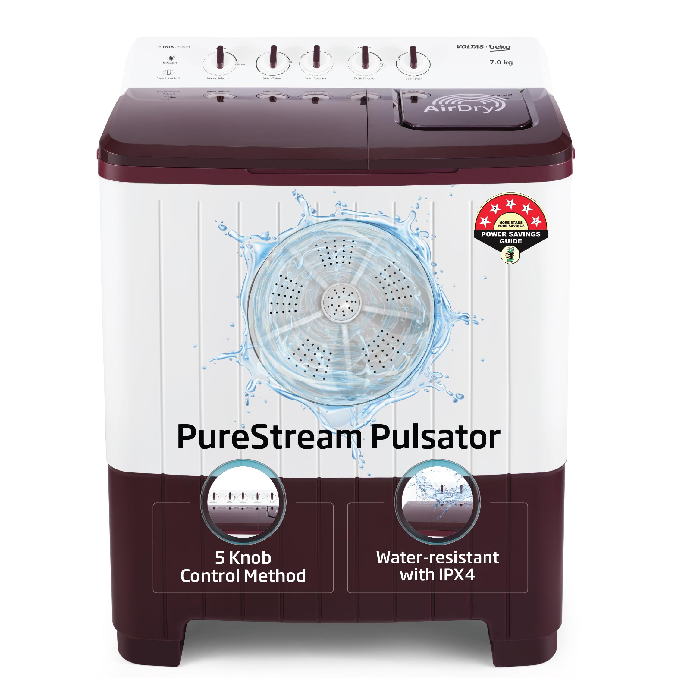 A Tata Product 7.5 Kg 5 Star Semi-Automatic Top Loading Washing Machine (WTT75UHA/OK5R0R0W01, Burgundy, Air Dry & Pulsator wash technology)