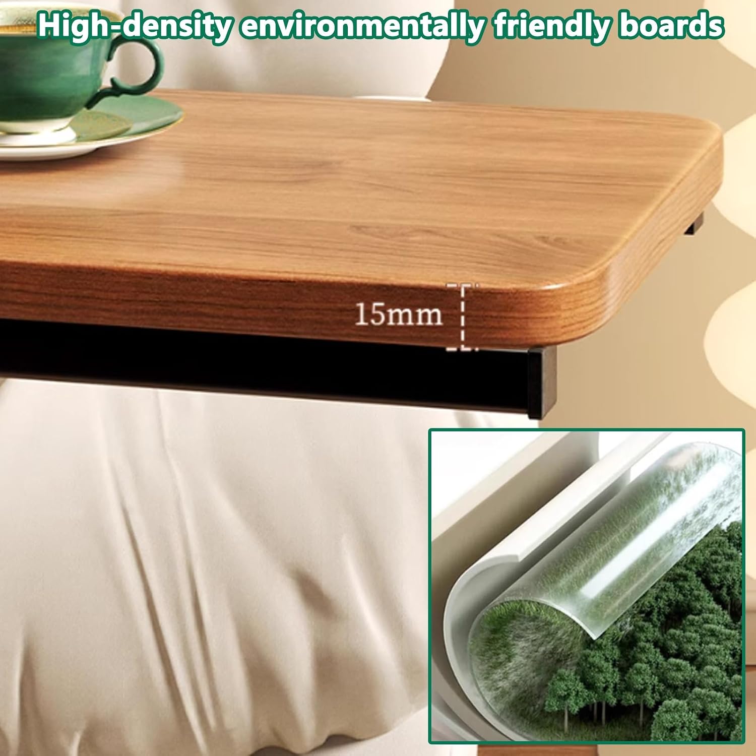 Mobile Overbed Table with 360° Wheels, 2-Tier Side Table with Storage Bag, Over The Couch Table, Works As Bar Tables, Dining Tables(Natural)