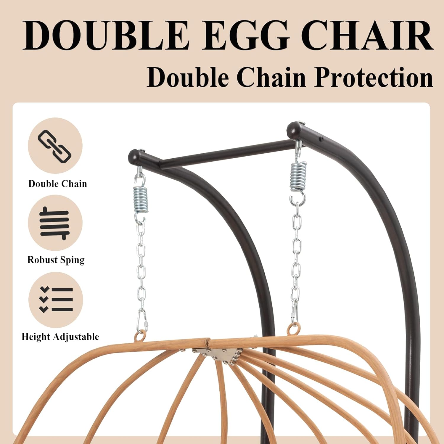 Double Egg Swing Chair with Stand, Oversized Egg Chair Outdoor Indoor, Hanging Swing Chairs with Cushions, Extra Large 2-Person Swing Chairs for Balcony, Porch, Garden, Beige