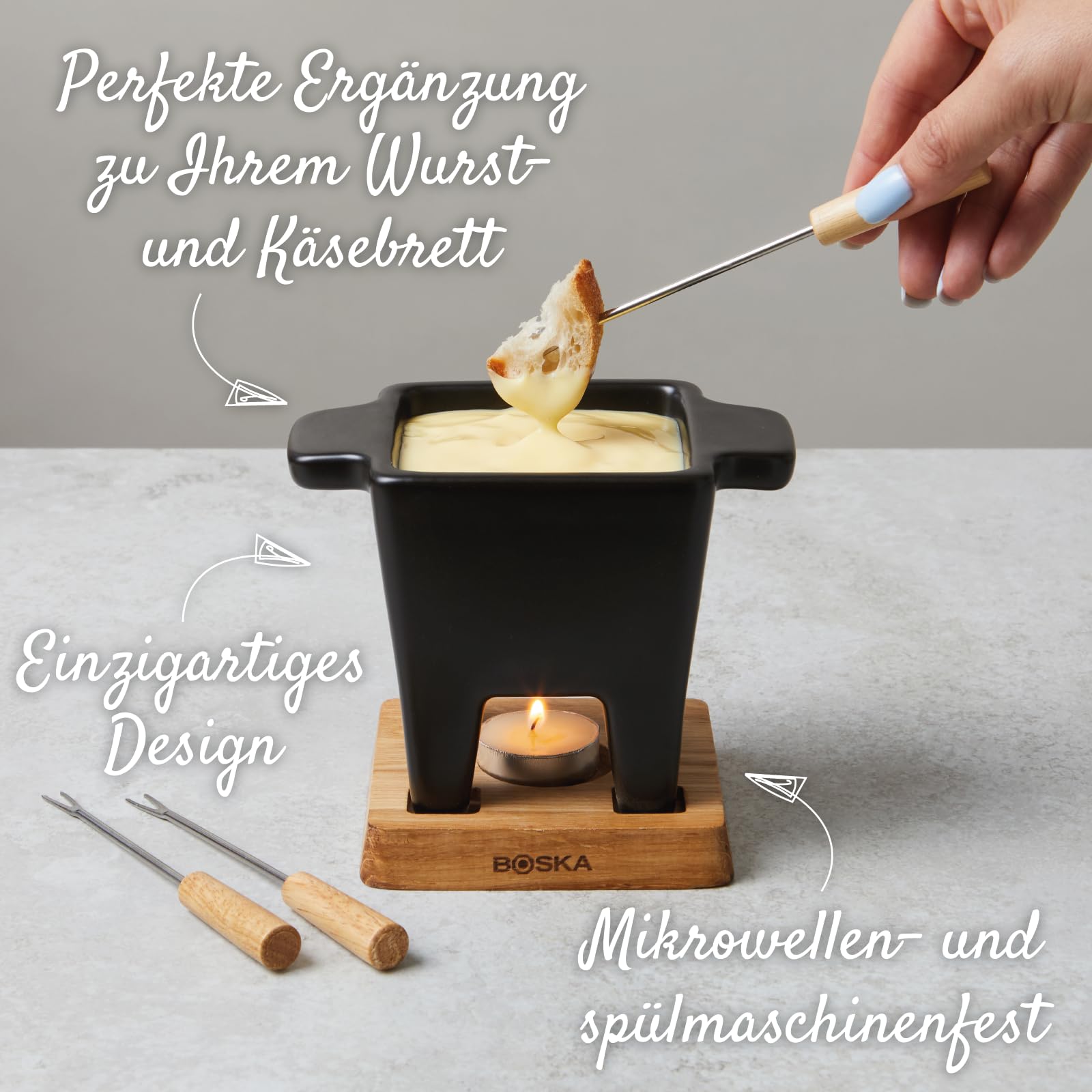 Boska - Käsefondue set klein 2 personen - Nero Tapas Fondue Klein Teelichter - 300 ml Inhalt für 175 gr Geschmolzenen Käse [ink. Fonduegabeln] [Mikrowellen-und Spülmaschinenfest]
