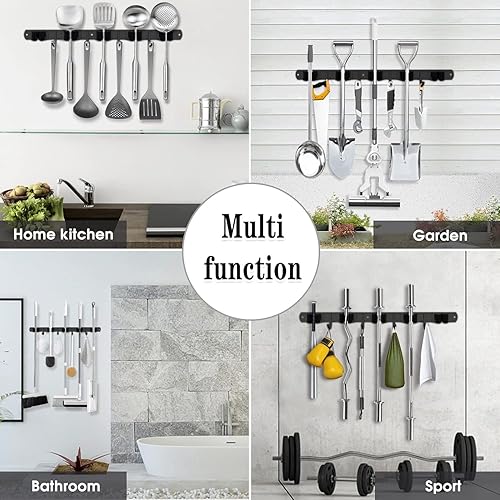 Miniatura 35 de 3 estantes y 4 ganchos soporte para escobas y trapeador montado en la pared, organizador de garaje, estantes de herramientas de almacenamiento